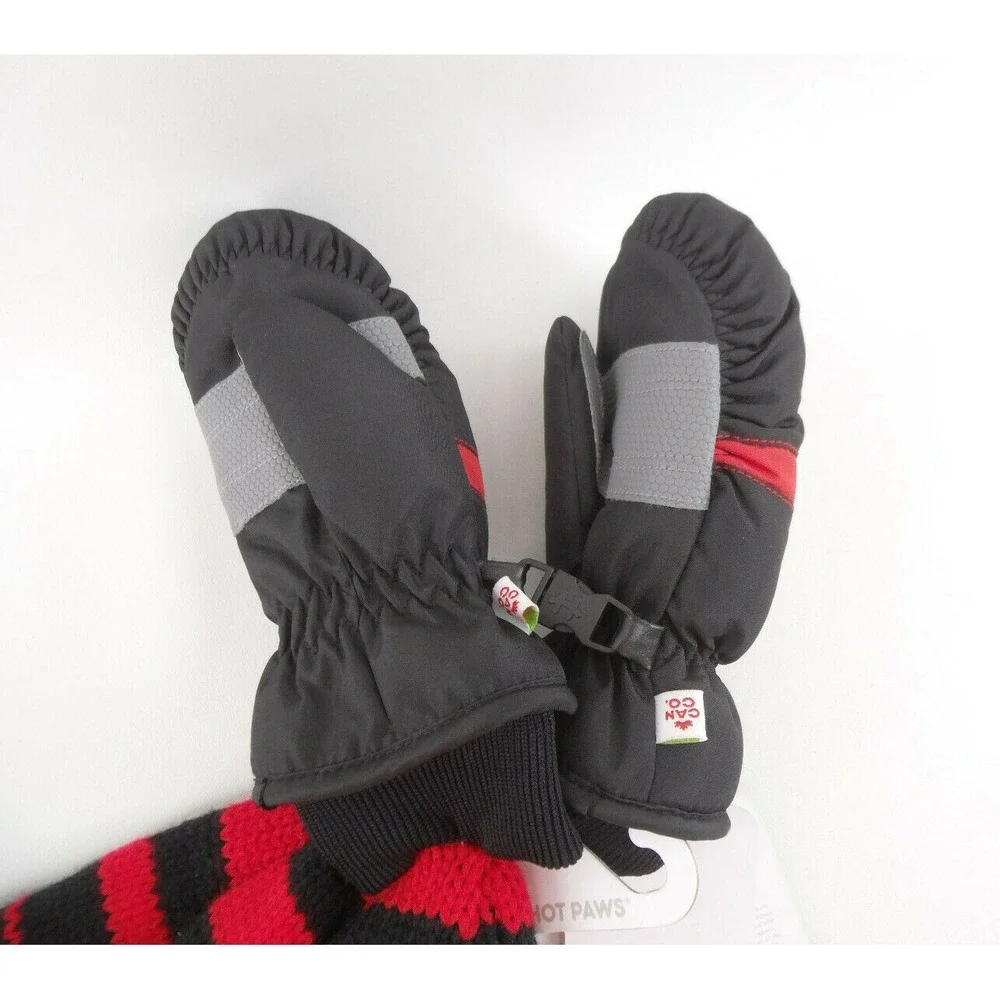 Kids Winter Hat & Ski Mittens Hot Paws Brand Cold Weather Gloves‎ Red Black